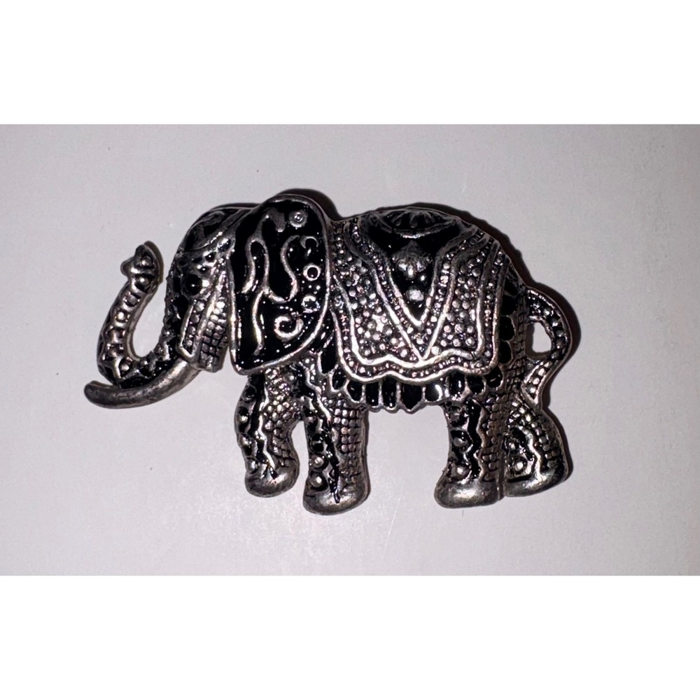 Vintage Elephant Brooch Silver Tone Black Enamel‎ Animal Pin Good Luck Jewelry